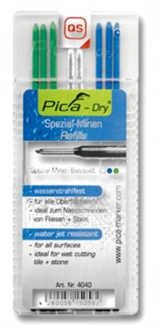 Pica 4040 special mix navulling voor DRY marker. Plat doosje met 8 potlood navullingen in kleuren wit, blauw en groen.